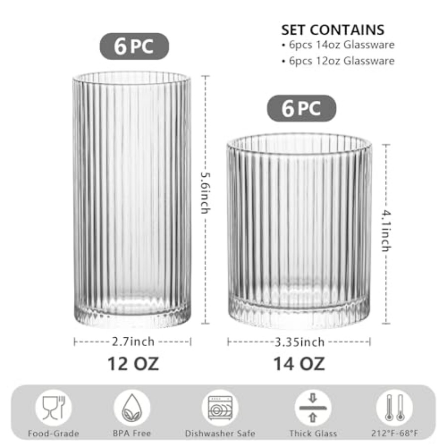 12Piece Ribbed Glassware Set w - Highball Glass Set incelemesi ve fiyatı