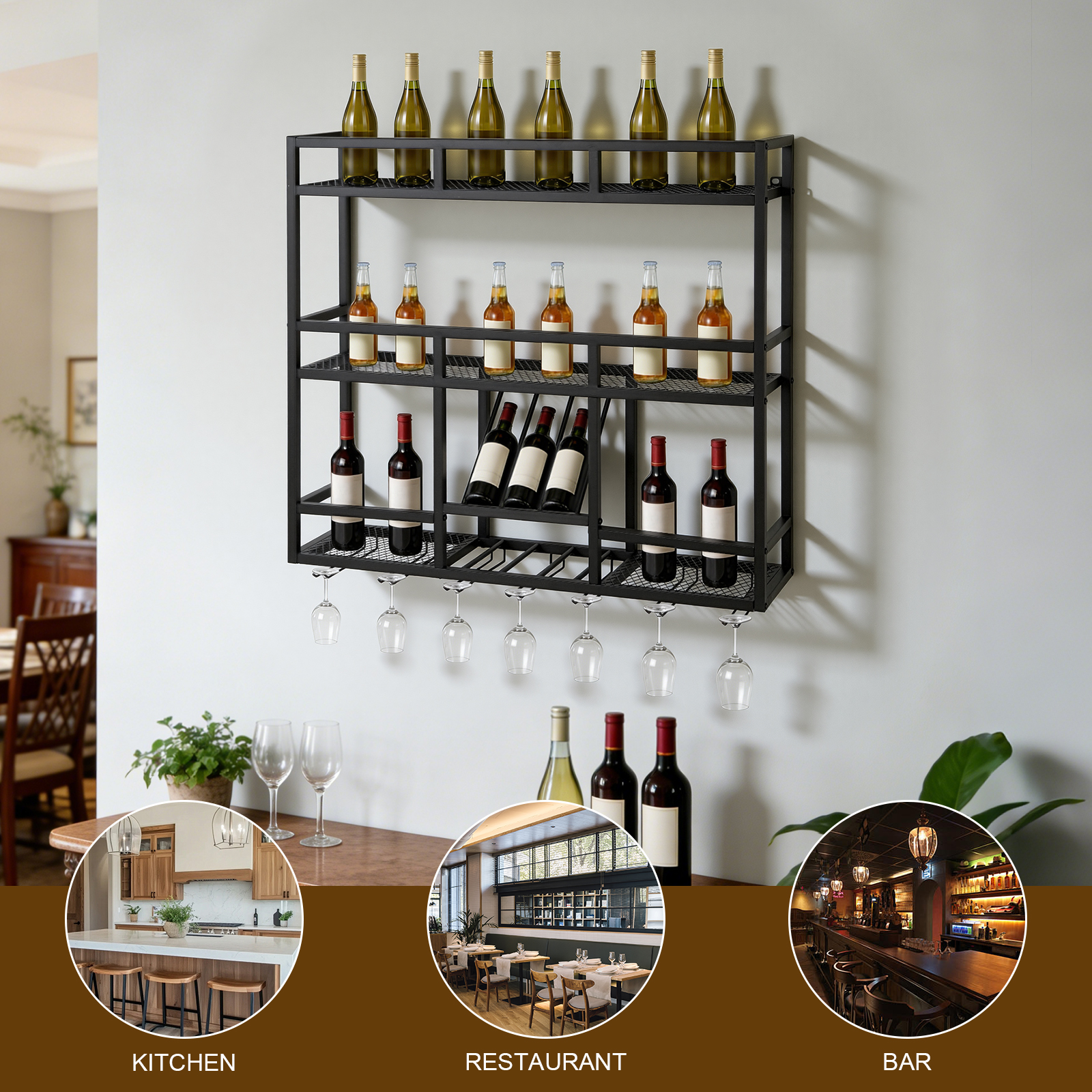 3 Tiers Wall Mounted Wine Rack - Home Bar Shelves incelemesi ve fiyatı