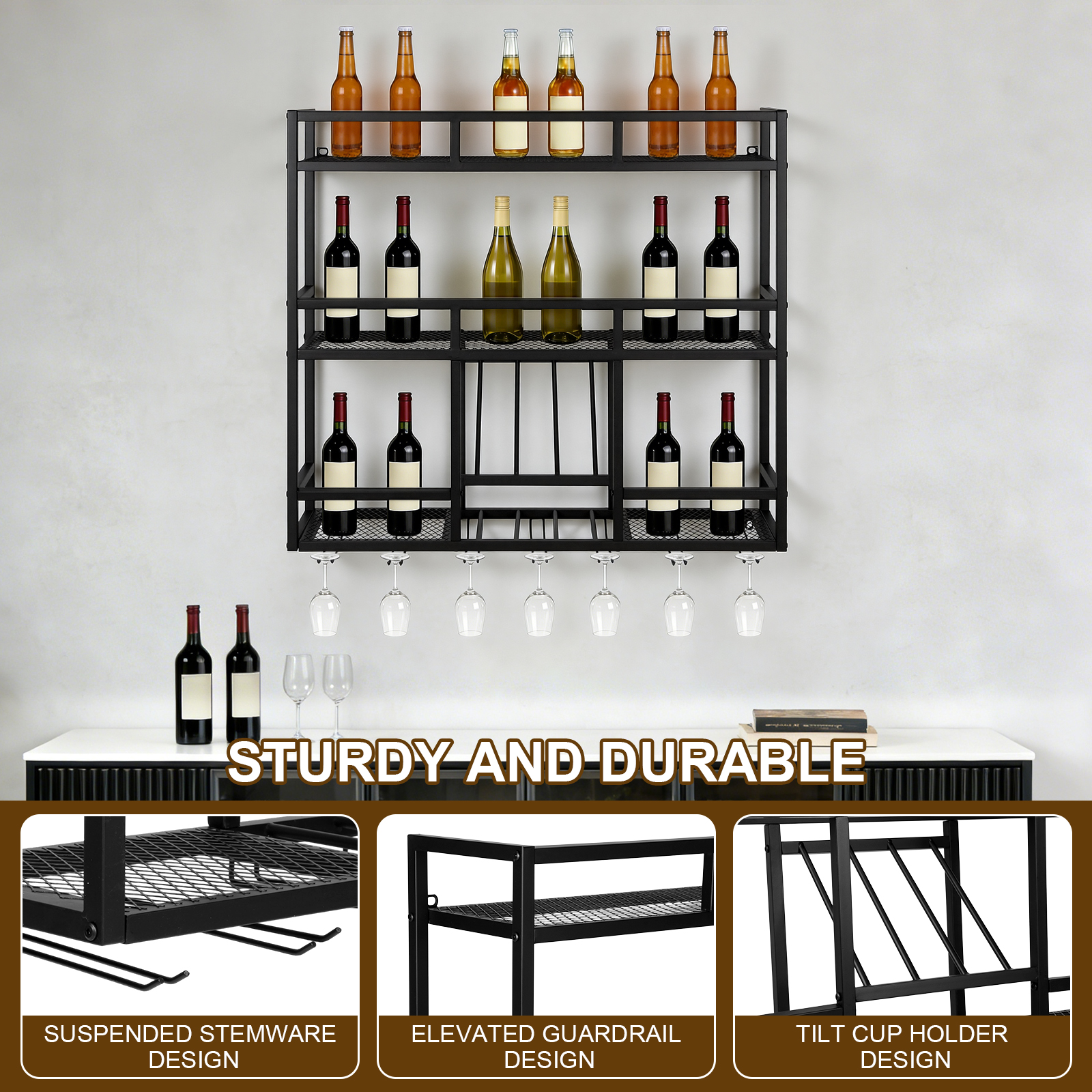 3 Tiers Wall Mounted Wine Rack - Home Bar Shelves incelemesi ve fiyatı